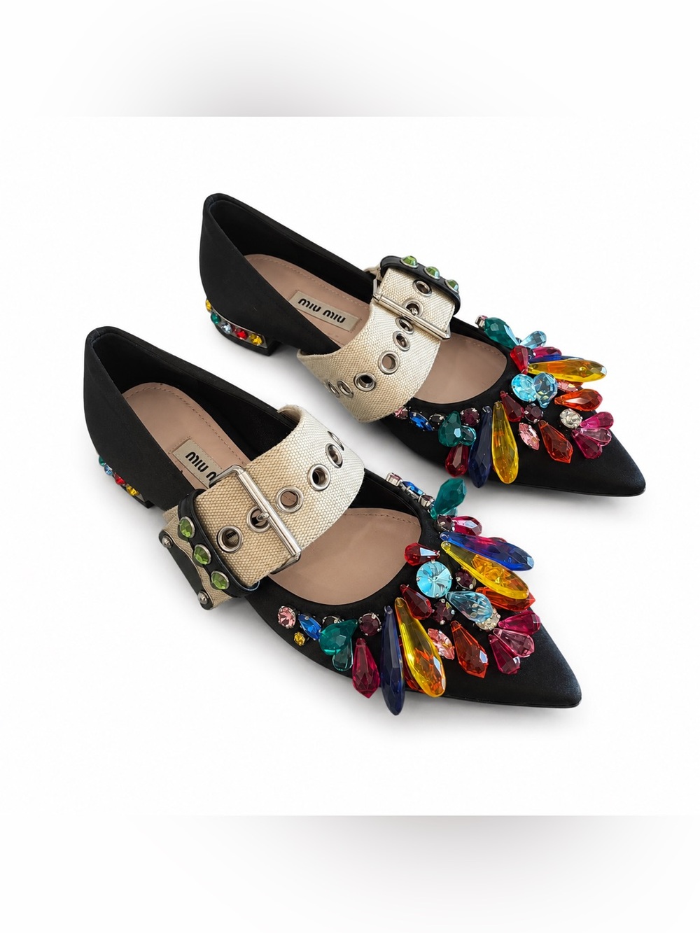 Miu Miu Black Pointed Mary Jane Flats with Multicolor Crystal Embellishments